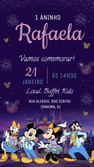 Convite Aniversário Disney 100 Anos com Personagens para Editar
