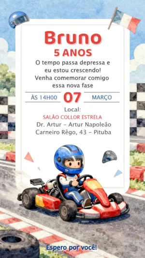 Convite de Aniversário Kart Corrida Aquarela para Editar