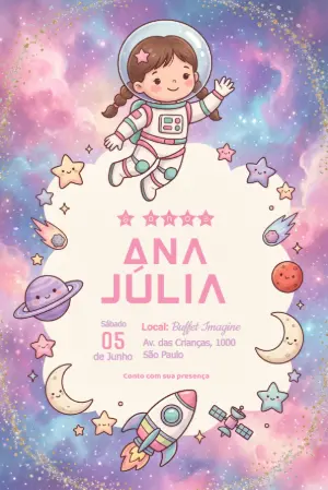 Convite Aniversário Astronauta Menina Editável Galáxia
