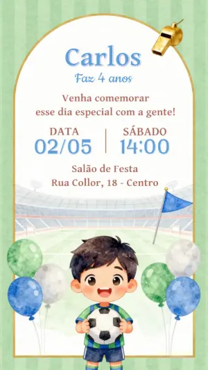Convite Aniversário Infantil Futebol Aquarela para Editar