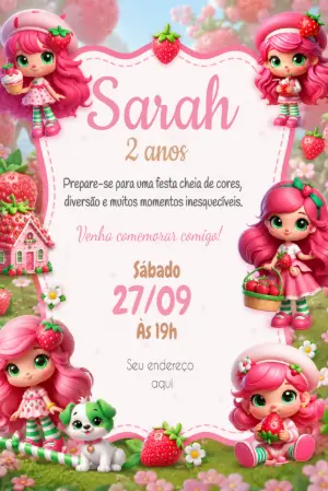 Convite de Aniversário Moranguinho Rosa Editável