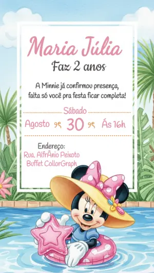 Convite Aniversário Minnie Piscina para Editar Online