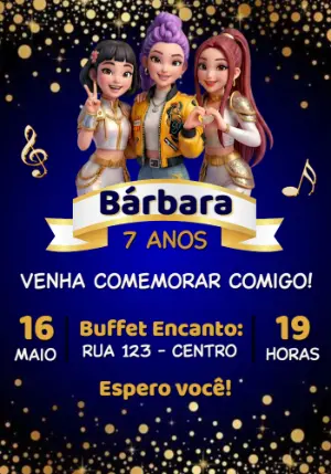 Convite de Aniversário K-Pop Guerreiras Modelo Editável