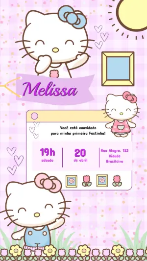Convite de Aniversário Hello Kitty Rosa e Fofo para Editar