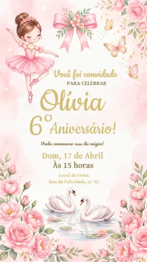 Convite de Aniversário Bailarina Rosa Delicado para Editar