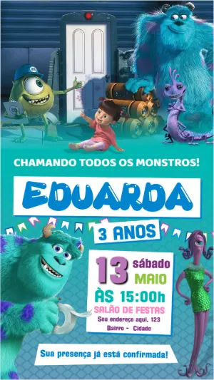 Convite de Aniversário Monstros SA para Editar Online
