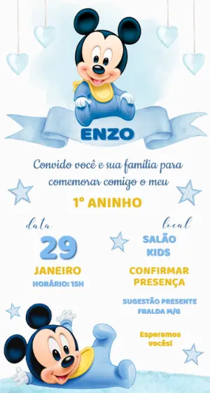 Convite de Aniversário Mickey Baby Azul Modelo Editável