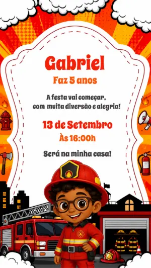 Convite de Aniversário Bombeiro Editável para Festa Infantil
