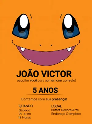 Convite Aniversário Pokémon Charmander para Editar Online