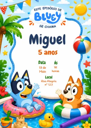 Convite de Aniversário Bluey e Bingo na Piscina para Editar