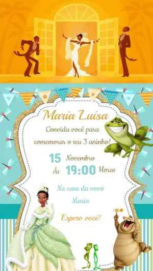 Convite Animado Aniversário Princesa Tiana e o Sapo para Editar