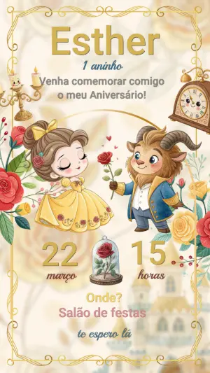 Convite Digital A Bela e a Fera Infantil Modelo Editável