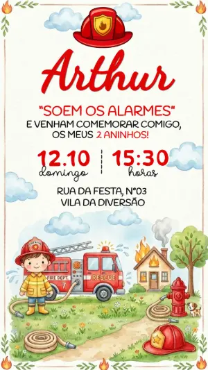Convite de Aniversário Bombeiro Aquarela para Editar