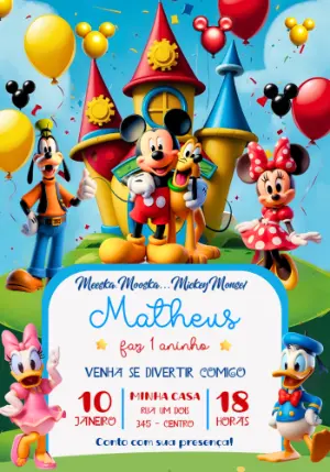 Convite de Aniversário Turma do Mickey Colorido para Editar