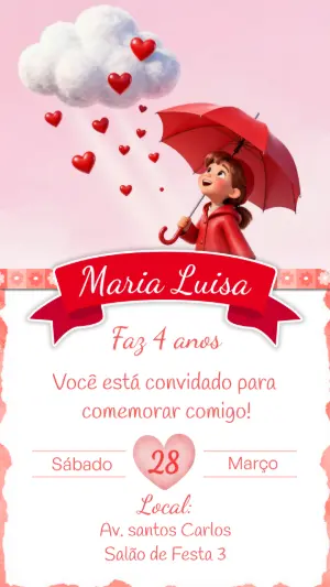 Convite de Aniversário Chuva de Amor Menina Modelo Editável