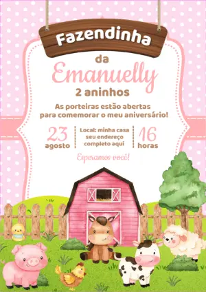 Convite de Aniversário Fazendinha Rosa com Bichinhos para Editar