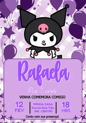 Convite de Aniversário Kuromi Roxo e Preto Modelo Editável
