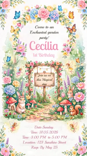 Invitación de cumpleaños Jardín encantado – Estático – Alegria no ar