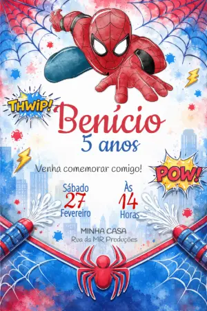 Convite de Aniversário Homem-Aranha Aquarela para Editar