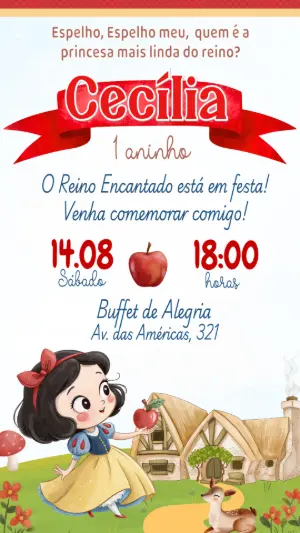 Convite Aniversário Branca de Neve Cute para Editar Online