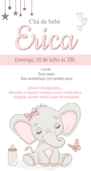 Convite Chá de Bebê Elefantinha Rosa Fofo para Editar