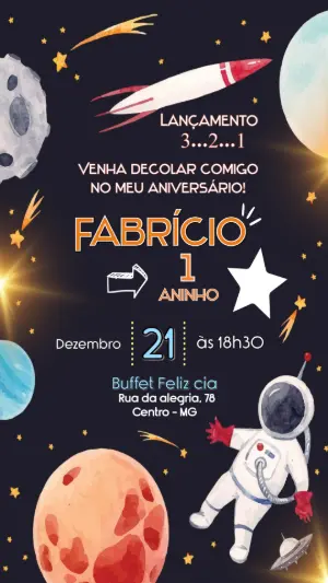 Convite Digital Infantil Tema Foguete e Astronauta Editável