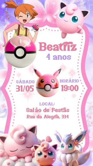 Convite Aniversário Pokémon Rosa com Personagens para Editar
