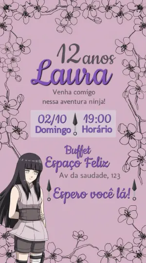 Convite de Aniversário Naruto Hinata Lilás para Editar
