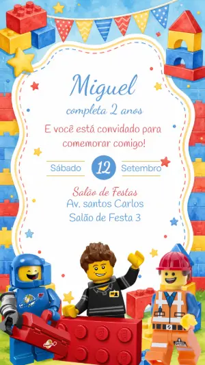 Convite de Aniversário Lego Editável para Personalizar