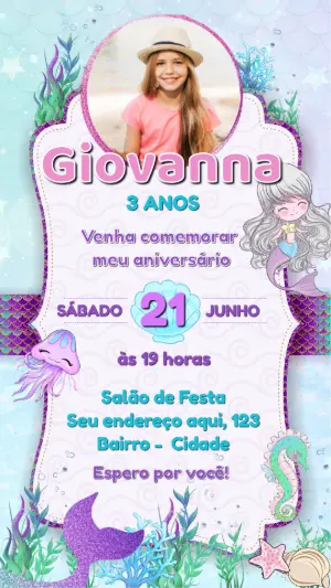 Convite Aniversário Sereia com Foto para Editar Online