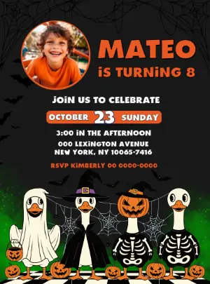 Editable Halloween Birthday Invite with Photo & Cartoon Ducks