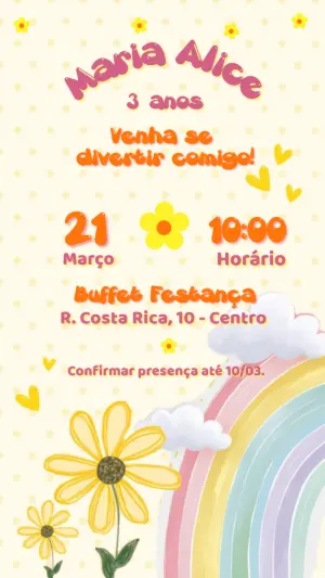 Convite de Aniversário Infantil Arco-íris e Margaridas Editável