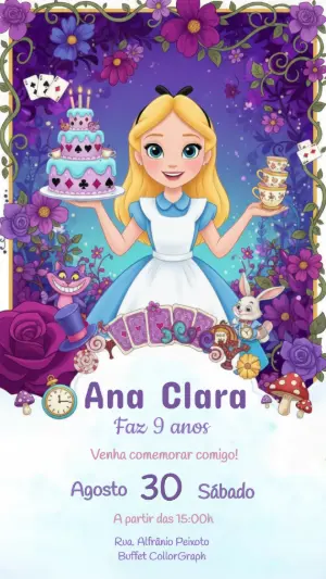 Convite Digital Mágico Alice no País das Maravilhas para Editar