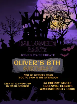 Spooky Halloween Birthday Invitation with Haunted House to Edit