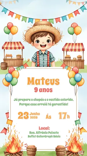 Convite Aniversário Festa Junina Menino para Editar Online