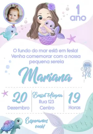Convite de Aniversário Sereia Fofa Fundo do Mar Editável