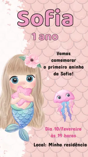 Convite de Aniversário Sereia Fofa Rosa para Editar Online