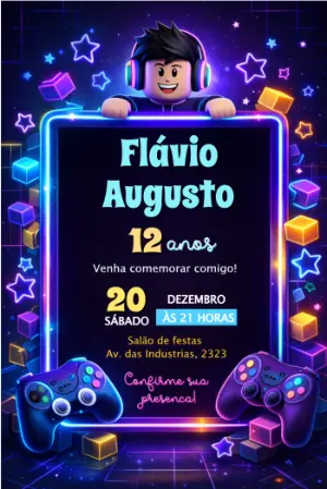 Convite de Aniversário Gamer Neon Estilo Jogo para Editar