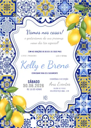 Convite de Casamento Azulejo Português e Limão Siciliano Editável