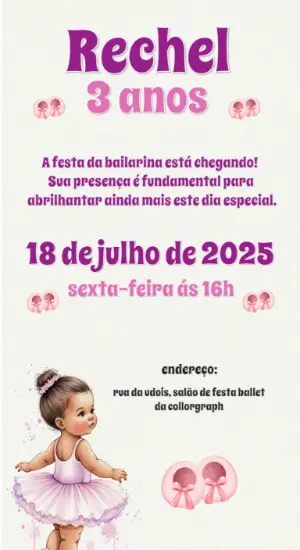 Convite de Aniversário Bailarina Delicada para Editar Online