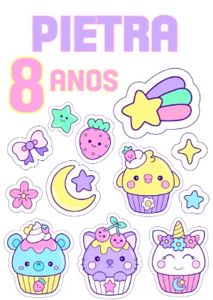 Topo de Bolo Aniversário Kawaii com Estrelas para Editar Online