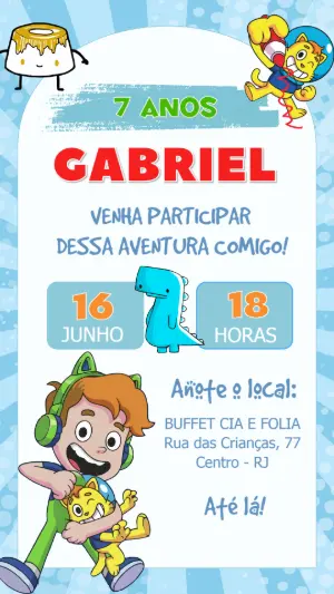 Convite de Aniversário Infantil Gato Galatico Aventura Colorida para Editar