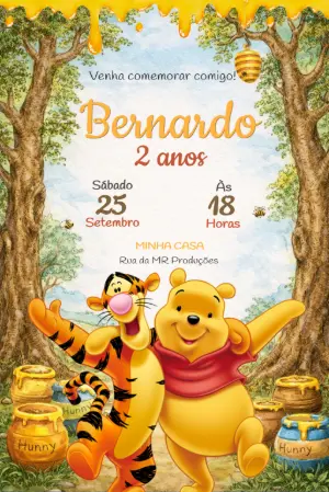 Convite de Aniversário Ursinho Pooh e Tigrão para Editar