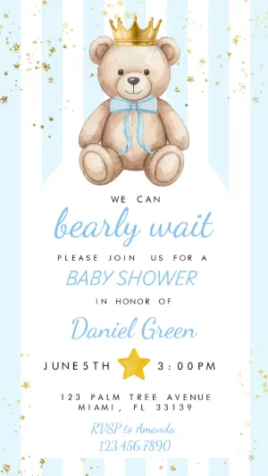 Prince Teddy Bear Baby Shower Invitation | Editable Template