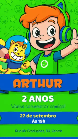 Convite Aniversário Gato Galáctico e Menino para Editar Online