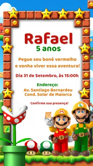 Convite Aniversário Mario Bros com Personagens para Editar Online