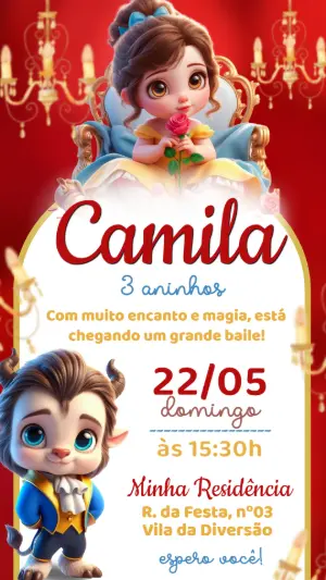 Convite de Aniversário A Bela e a Fera Fofo para Editar