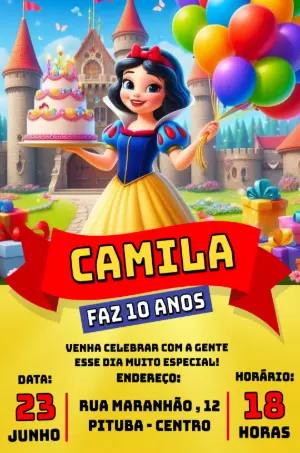 Convite de Aniversário Branca de Neve Modelo Digital Editável