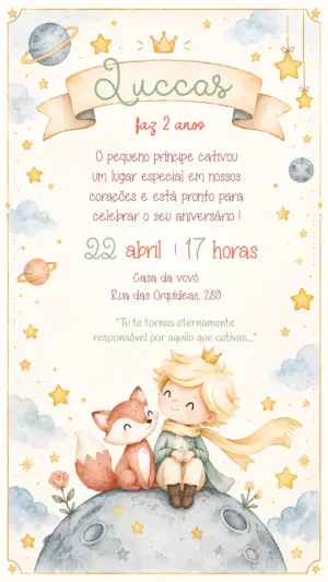 Convite de Aniversário O Pequeno Príncipe Aquarela Editável