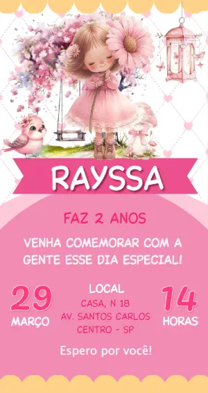 Convite Aniversário Infantil Menina Jardim Encantado Editável